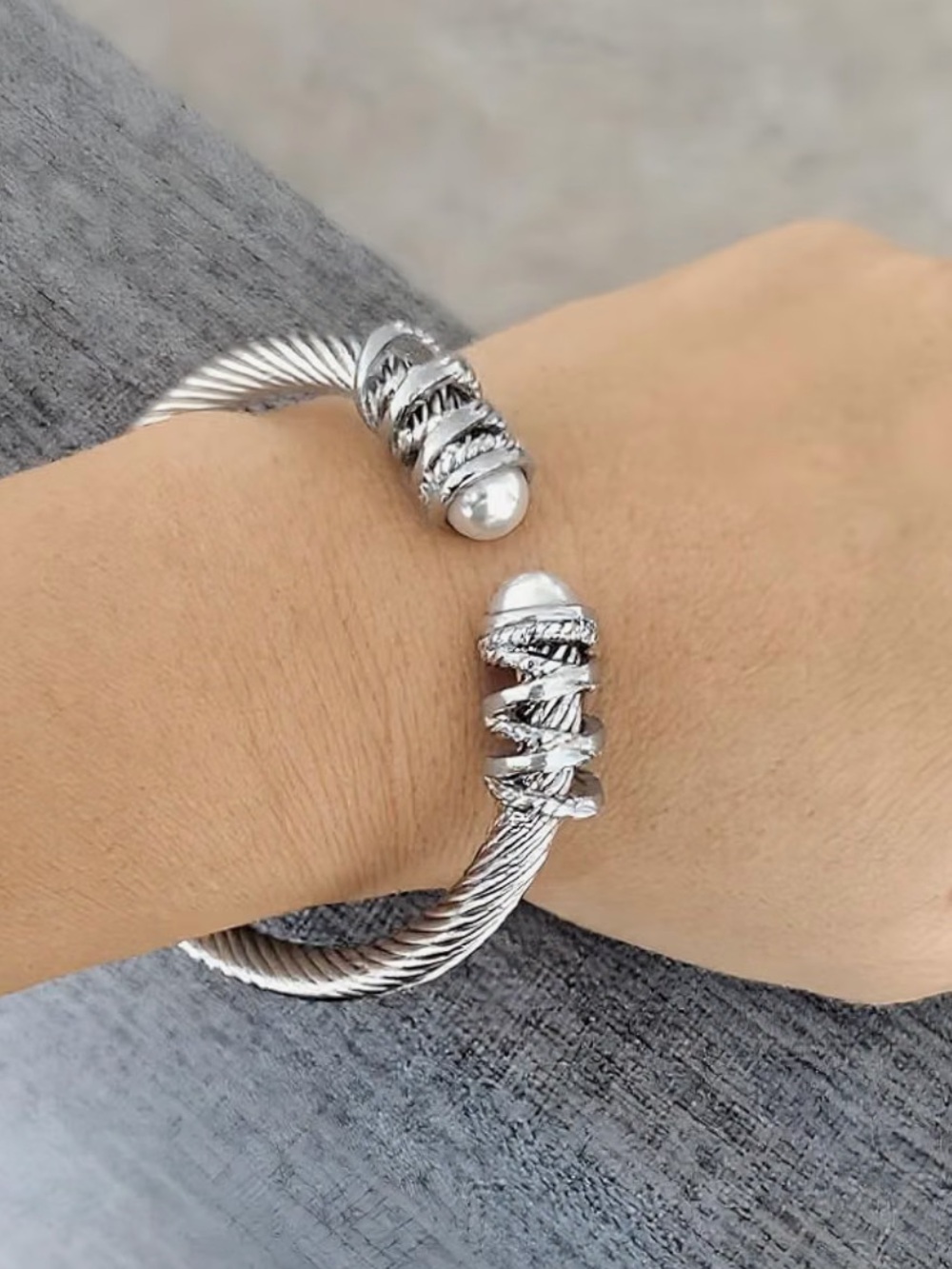 Silver Twisted Open Cuff Bracelet with Pearl End Caps